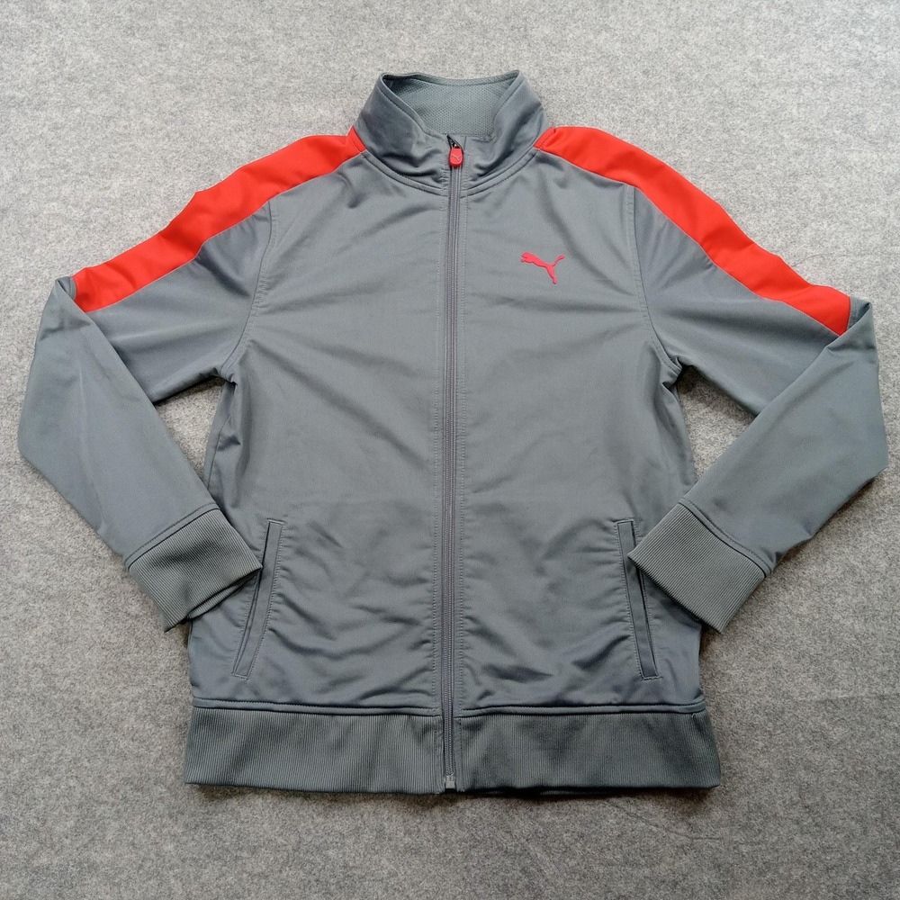 Puma Track Jacket Youth Large Gray Red Full Zip Athletic Sport Polyester